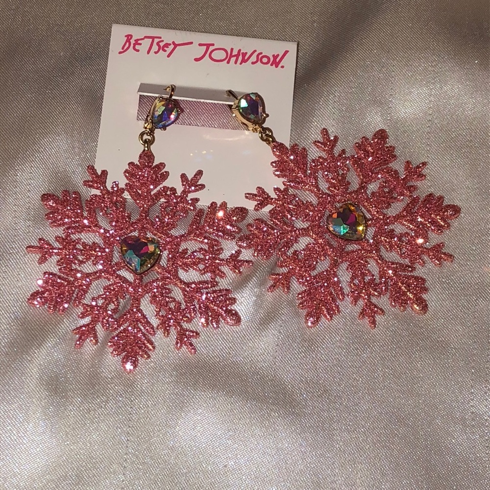 Betsey Johnson Gold Tone & Pink Glitter Snowflake Drop Earrings Crystal Accents